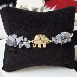 Labradorite Crystal Beaded Elephant Bracelet Adjustable String Gold Enamel Charm